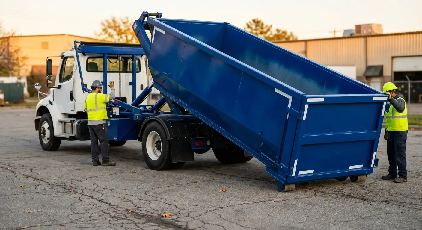 Roll-off dumpster rental truck protecting driveway surfaces in Aurora, CO