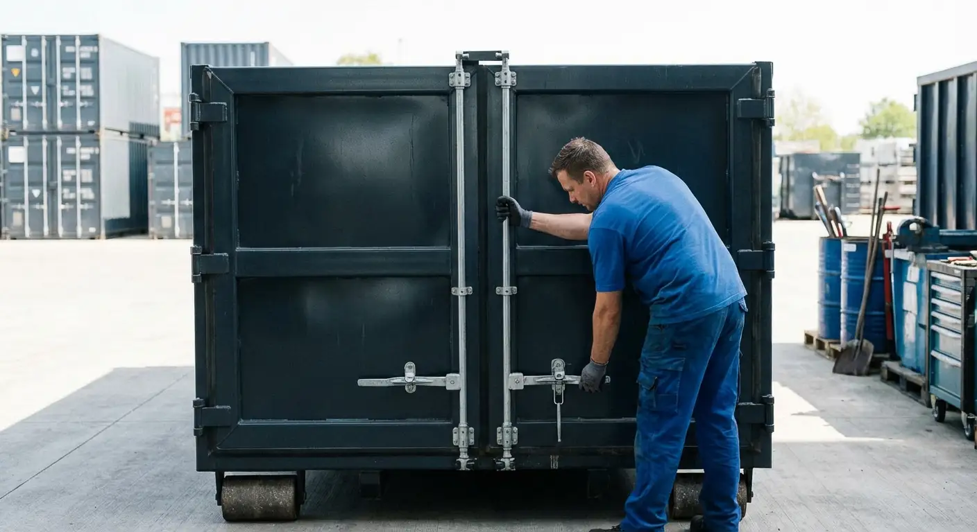 Dumpster walk-in loading door open showing easy access in Aurora, CO