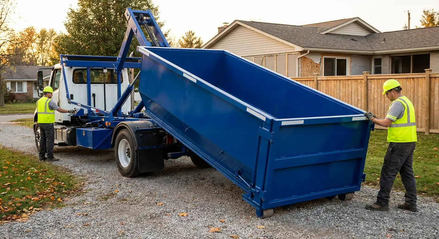 Roll-off dumpster rental delivery truck in Aurora, CO
