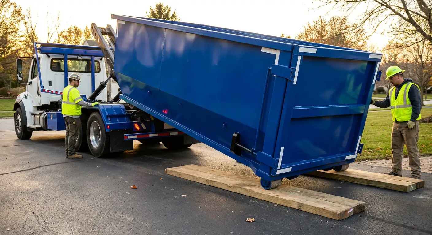 Dumpster delivery on driveway in Aurora, CO
