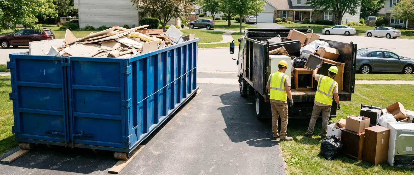 Dumpster rental versus junk removal service comparison showing capacity differences in Aurora, CO