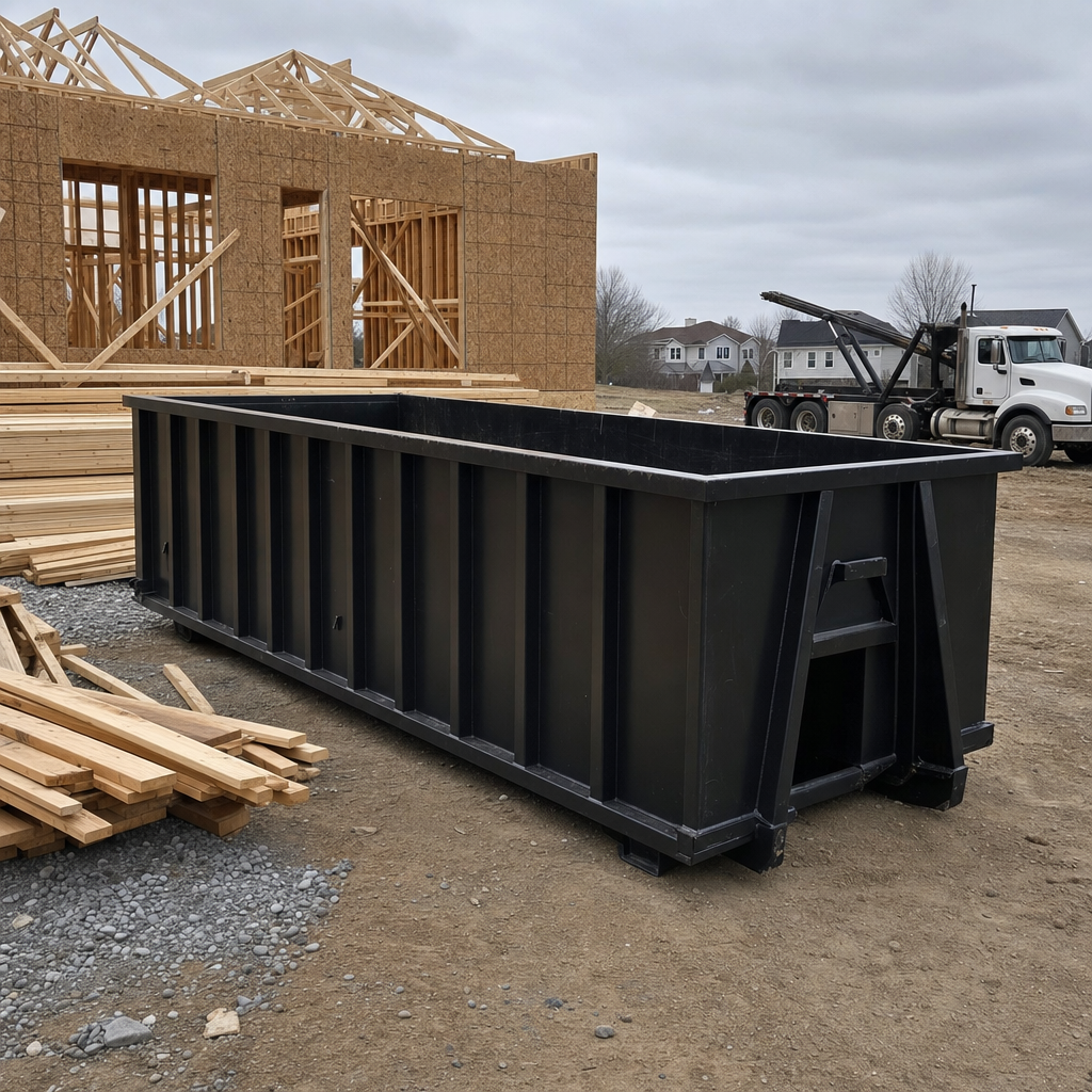 Matte-black 40-yard roll-off dumpster staged on a framed-out residential construction site in Aurora, framing lumber stacked nearby, hooklift delivery truck visible in the background under bright Colorado daylight
