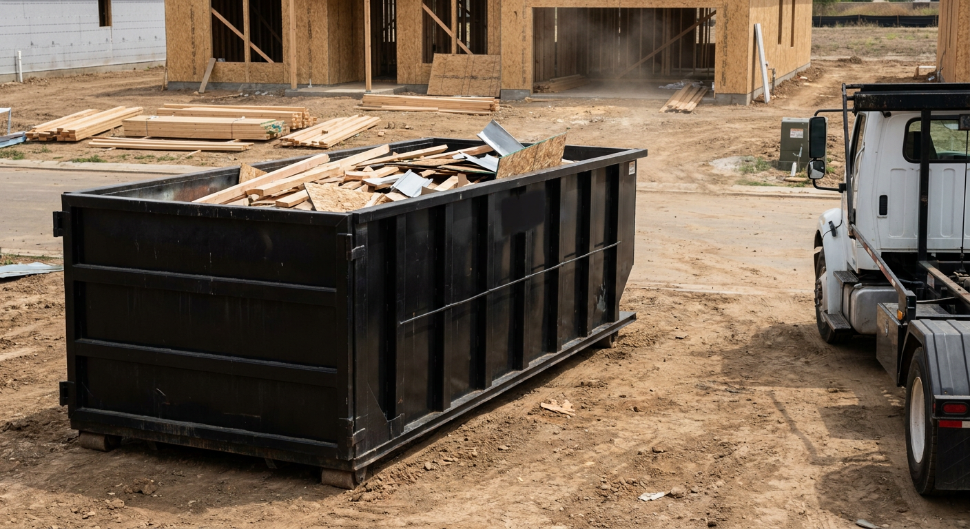 Matte-black 20-yard roll-off construction dumpster with heavy ribbed steel sidewalls and swing rear doors at a working jobsite in Aurora, sitting directly on compacted dirt with an unmarked white hauler partially visible at the far edge of the frame.