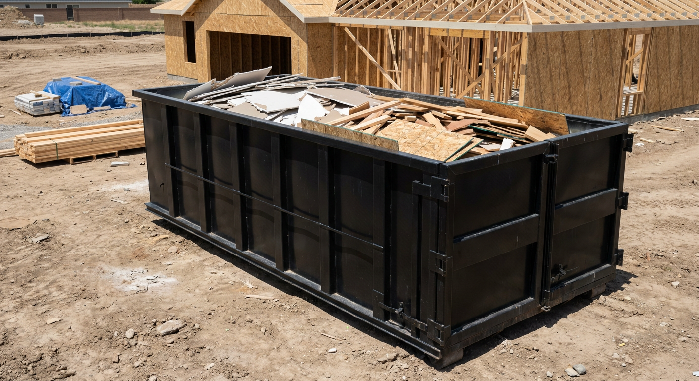 Matte-black 30-yard roll-off construction dumpster sitting directly on the compacted-dirt site of a framed single-family home build in Aurora, drywall and lumber scrap loaded inside.