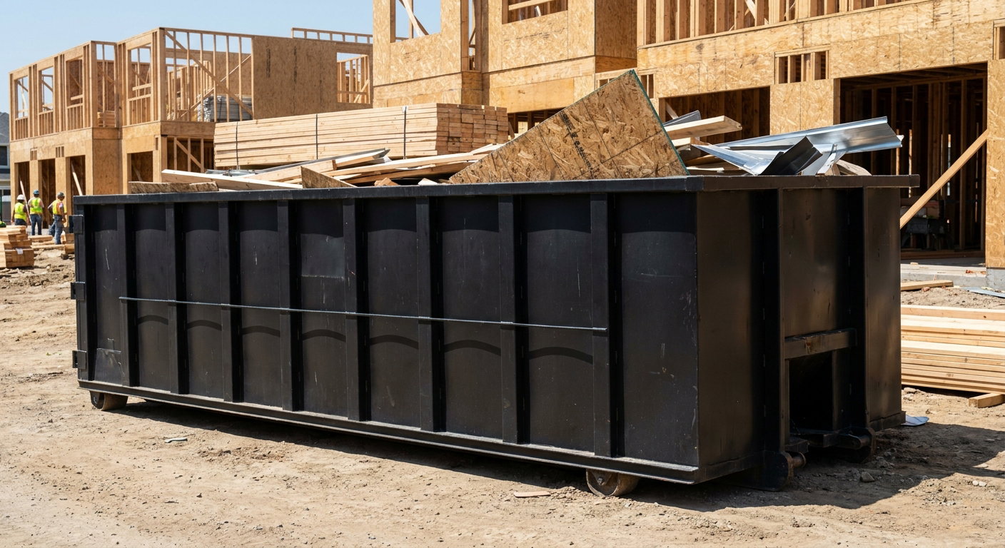 Matte-black 40-yard roll-off construction dumpster being lowered from a white-cab hooklift delivery truck onto the compacted-dirt jobsite at a commercial build site in Aurora