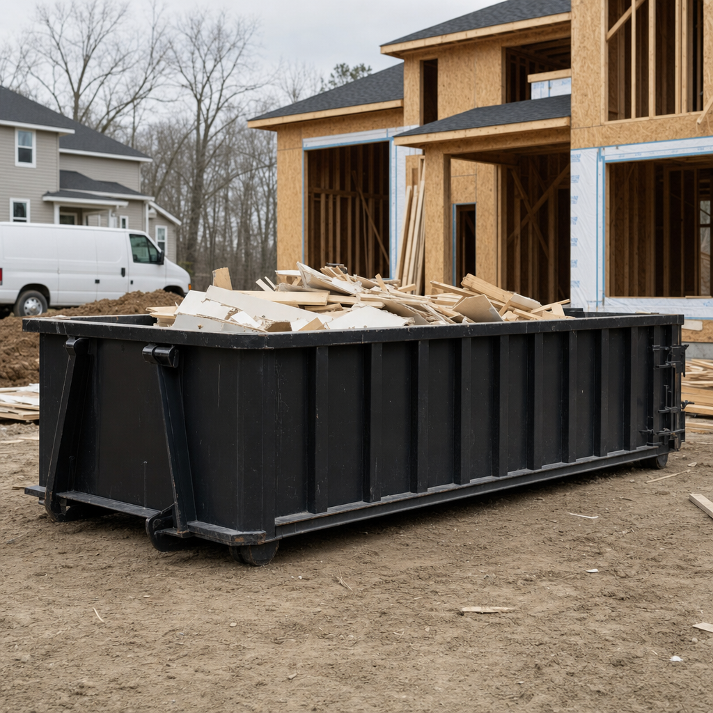 Worker in a yellow high-visibility vest tossing framing lumber and broken drywall into a matte-black 30-yard construction roll-off dumpster on an active build site in Aurora, bright daylight