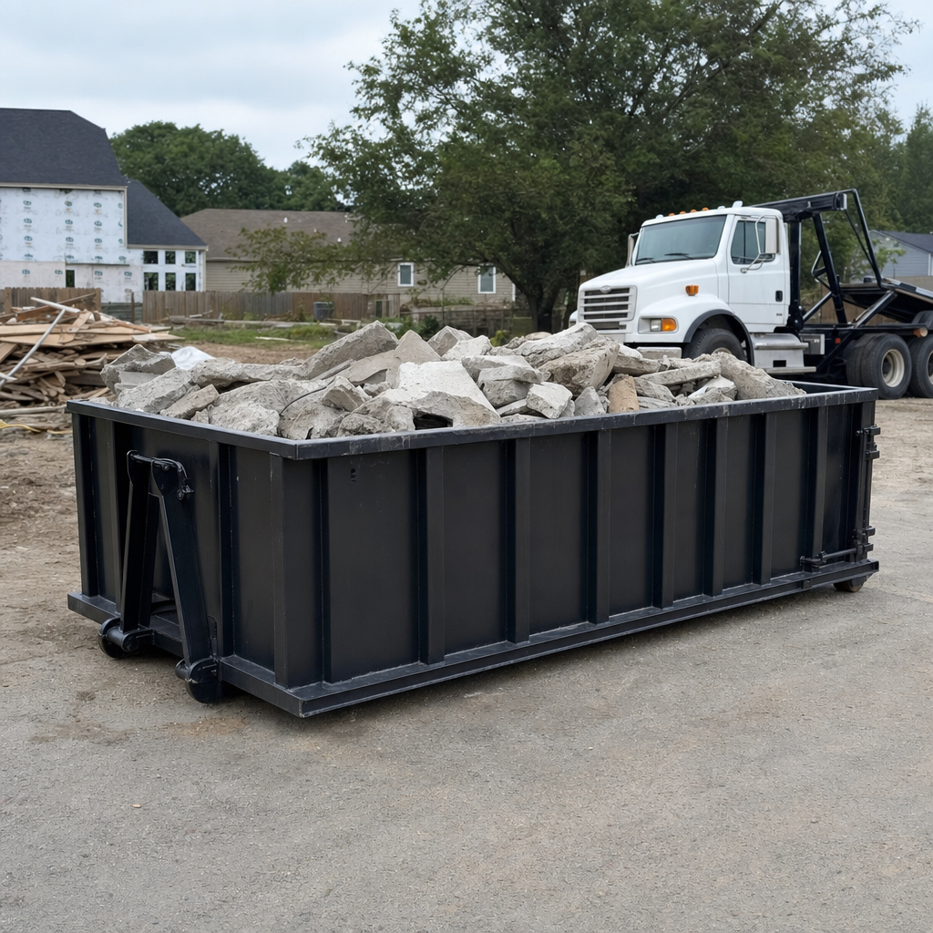 Low-profile matte-black lowboy roll-off dumpster loaded with broken concrete slab and rebar at a foundation tear-out in Aurora, skid steer parked beside it, sunny Colorado morning