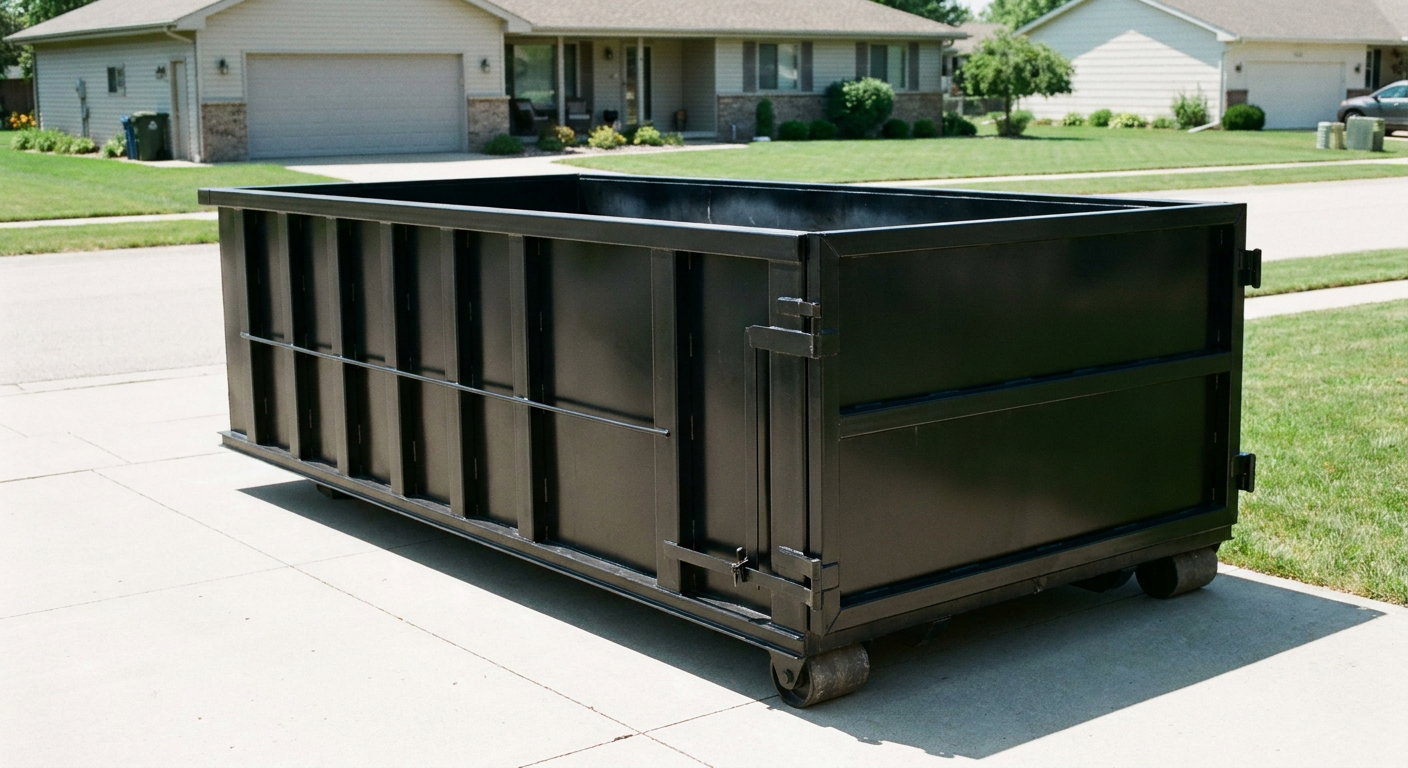 Matte-black 10-yard roll-off dumpster on a residential concrete driveway in Aurora, uniformly painted matte black across every panel and rail, ribbed steel sidewalls and rear swing door visible, mid-day daylight.