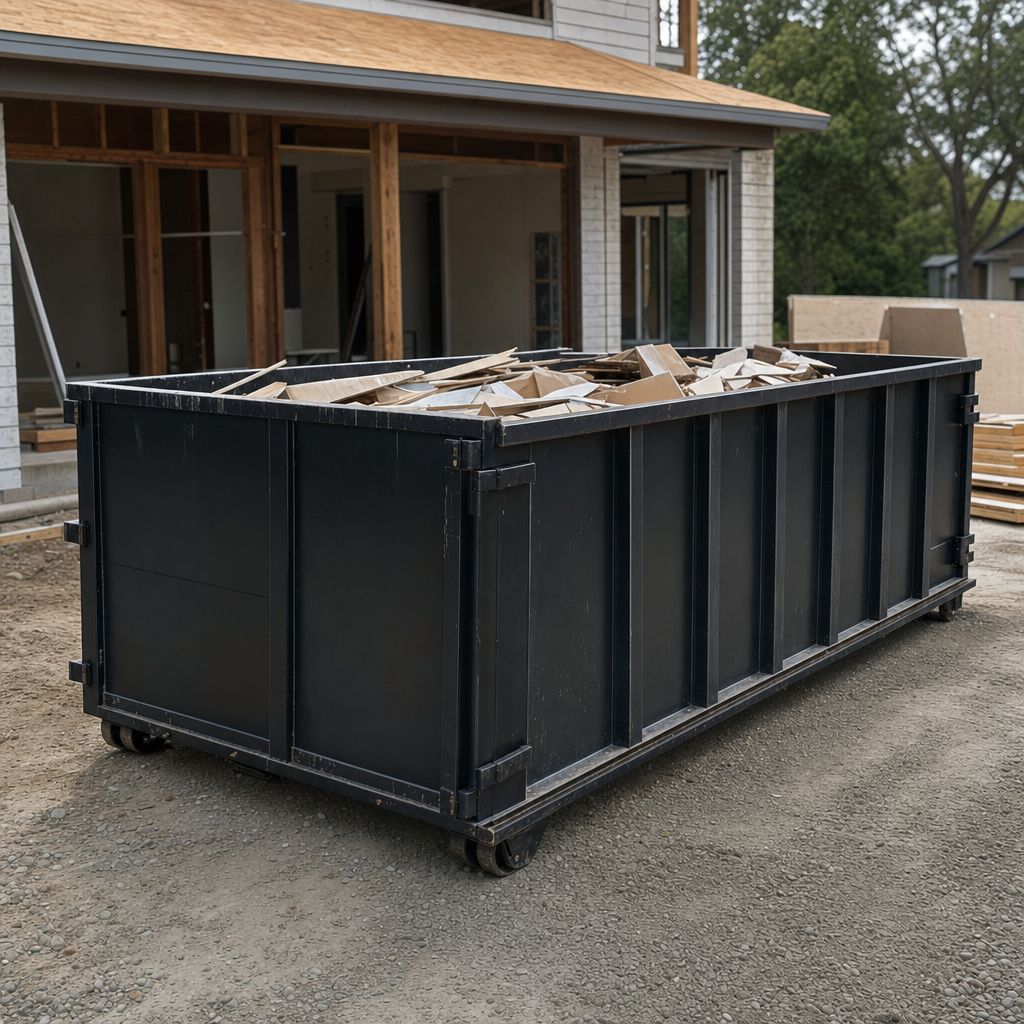 Large matte-black 30-yard construction roll-off dumpster at an active Aurora jobsite, steel-gray top rails and bottom rollers visible, loaded with construction debris.