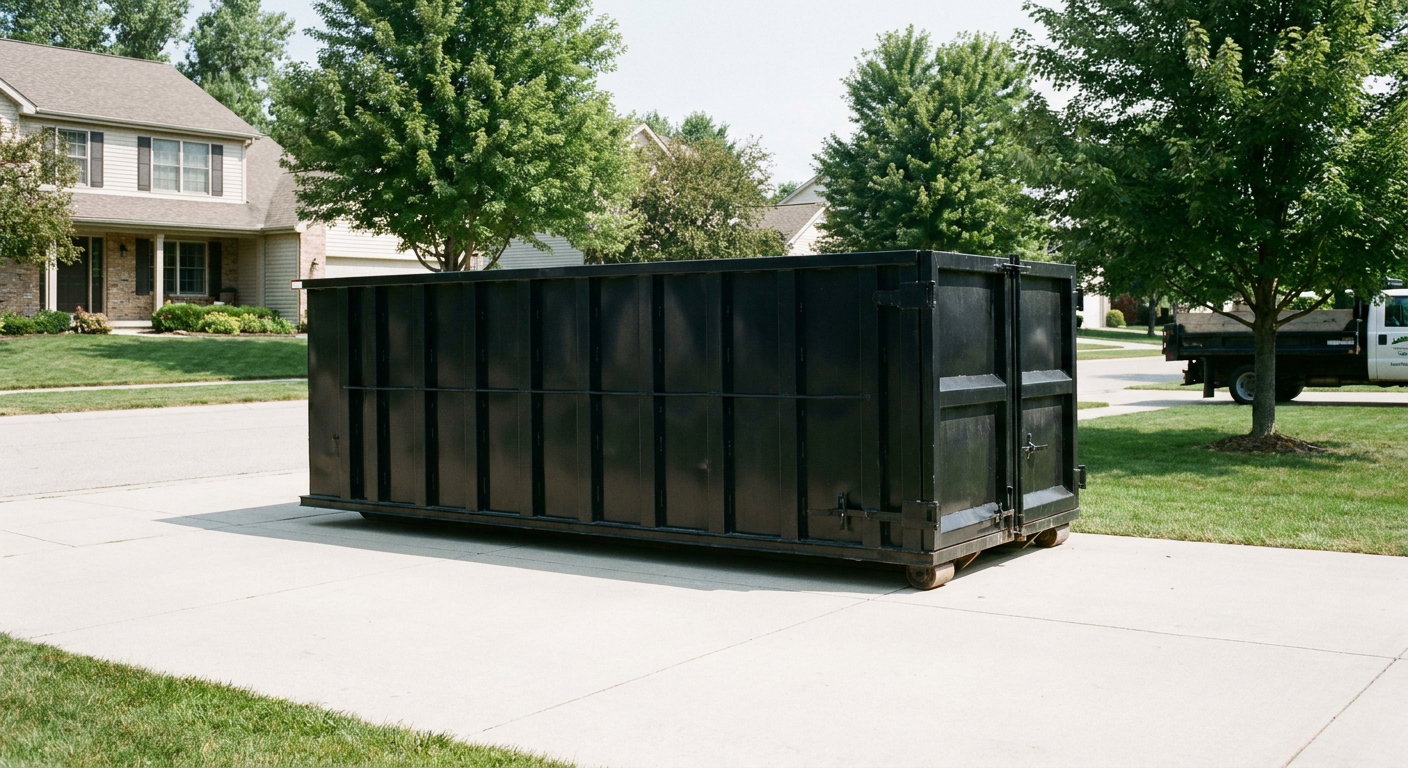 Matte-black 20-yard roll-off dumpster sitting level on a clean Aurora residential concrete driveway under bright daylight, demonstrating clean placement directly on the concrete.