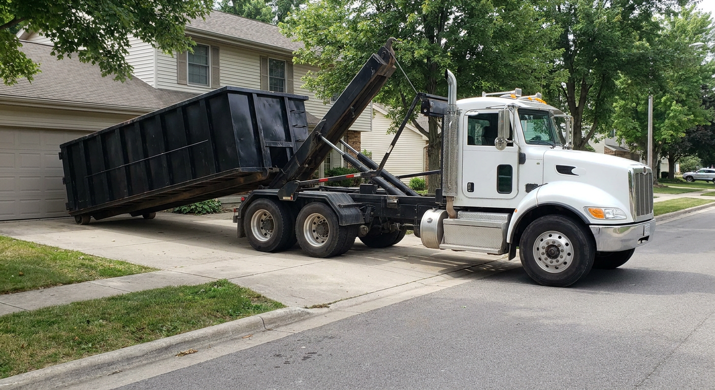 White-cab hooklift roll-off truck actively lowering a matte-black dumpster onto a Aurora residential concrete driveway, the dumpster's rear wheels touching the driveway as the hoist arm tilts the bed forward, mid-morning daylight.
