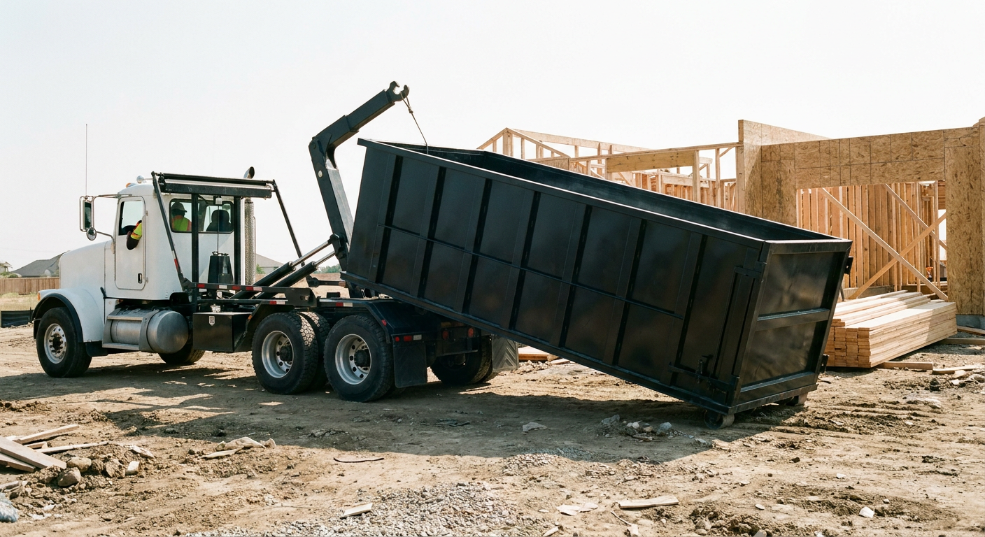 Matte-black roll-off dumpster being delivered onto a clean residential concrete driveway in Aurora by an unmarked white hooklift hauler truck, bright morning daylight, documentary 35mm perspective.