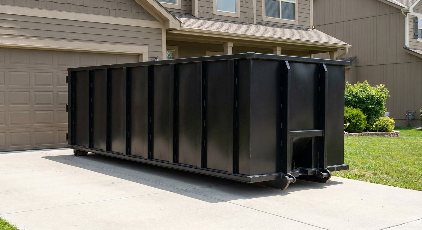 Matte-black residential roll-off dumpster sitting directly on a suburban Aurora concrete driveway, garage door closed, single-family home in background, bright morning daylight.