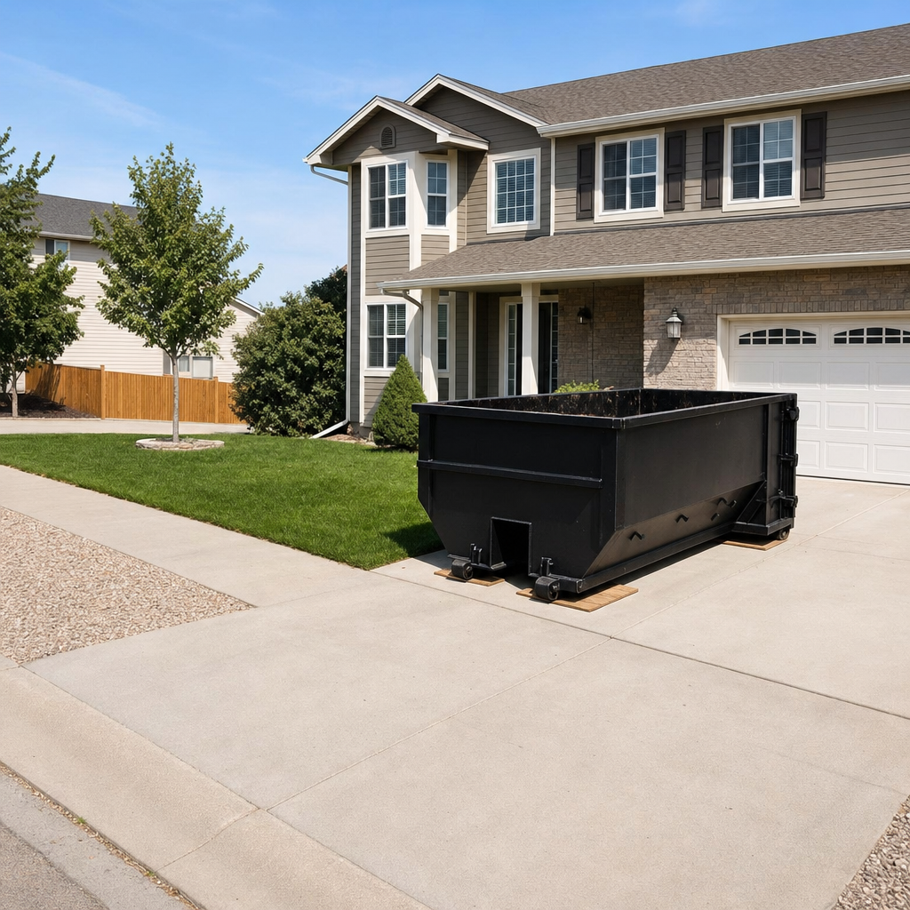 10-yard matte-black residential dumpster placed directly on a narrow Aurora concrete driveway, room remains for a parked sedan beside it, mid-morning natural light