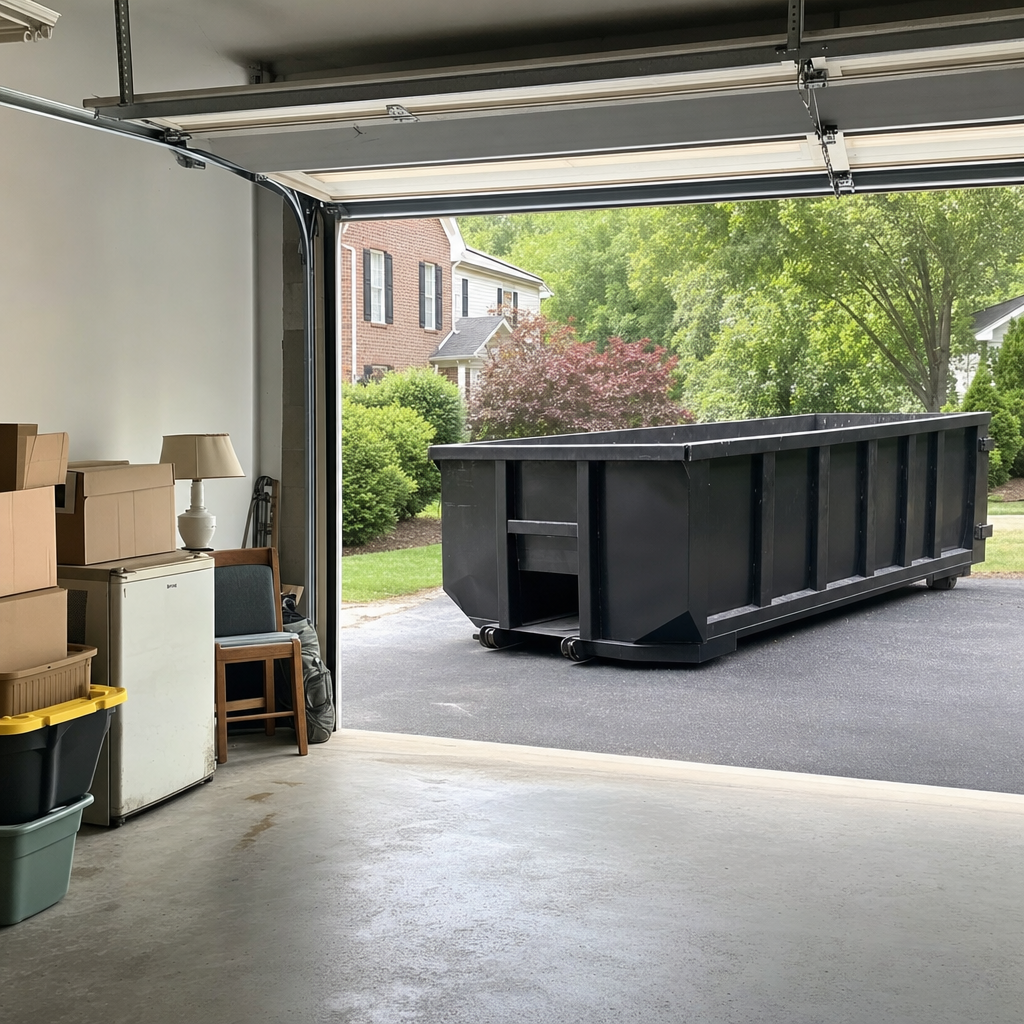 Open garage interior in a Aurora home mid-cleanout — boxed items, an old appliance, and stacked yard tools queued near the driveway for a matte-black roll-off dumpster, organized and calm