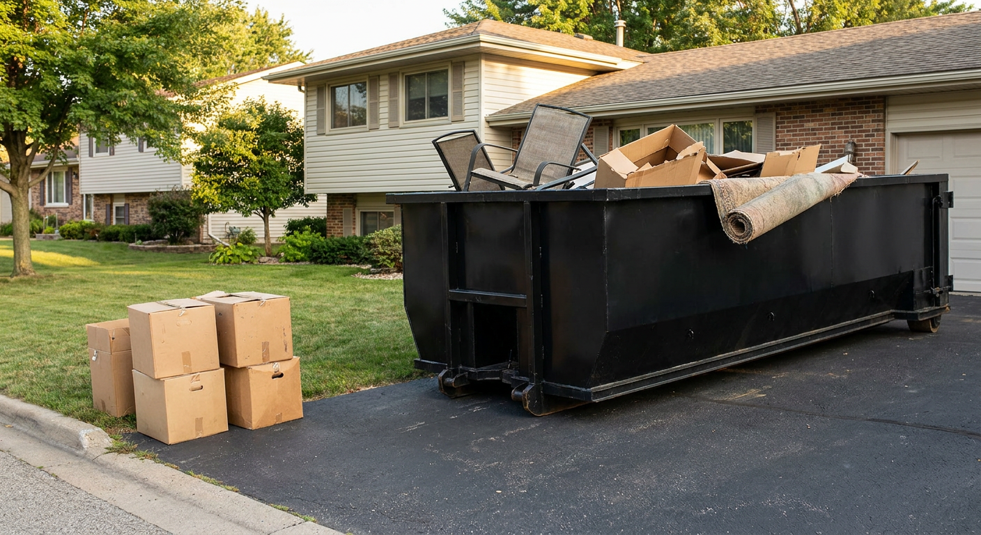 Front-yard view of a Aurora split-level home with a 20-yard matte-black roll-off dumpster sitting directly on the asphalt driveway, a few clearly labeled donation boxes staged at the curb, calm sunny afternoon.