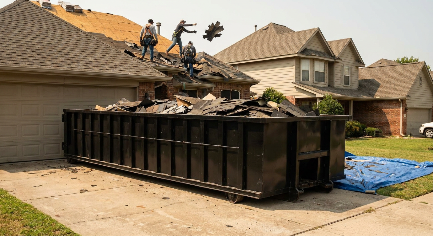 Matte-black roofing roll-off dumpster placed directly on a Aurora residential concrete driveway, a tear-off crew on a two-story asphalt-shingle roof tossing shingle bundles into the low-walled container, bright daylight, documentary 35mm perspective.