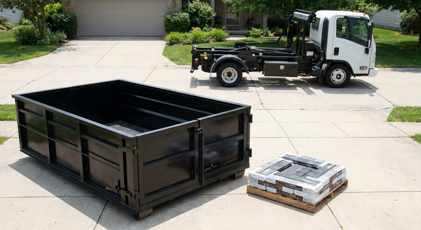 Matte-black 15-yard roofing roll-off dumpster with reinforced low side walls sitting directly on a Aurora residential concrete driveway, three-tab asphalt shingle bundles stacked nearby, an unmarked white hauler truck partially visible at the edge of the frame.