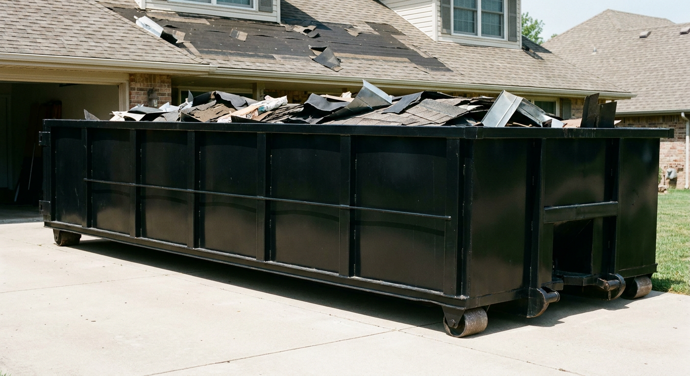 Matte-black 20-yard roofing roll-off dumpster with steel ribbed sides and swinging rear door, sitting directly on the concrete driveway of a two-story Aurora home, asphalt shingle debris being loaded over the low wall, clean documentary lighting.