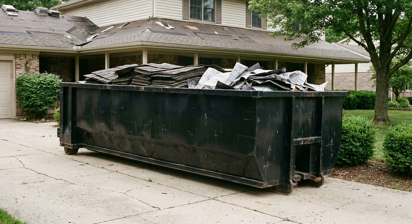 Matte-black 30-yard roofing roll-off dumpster sitting directly on a Aurora concrete driveway, taller ribbed steel side panels, mixed tear-off debris of asphalt shingles and underlayment inside, professional documentary daylight.