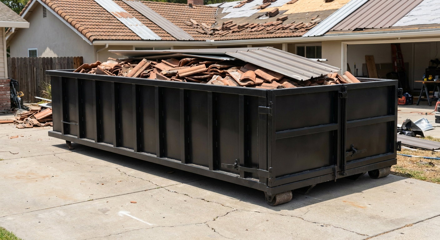 Matte-black low-wall heavy-debris roofing roll-off dumpster sitting directly on a Aurora concrete driveway, broken concrete clay roof tiles and metal panel sections loaded inside, reinforced ribbed steel side walls visible, bright outdoor daylight.