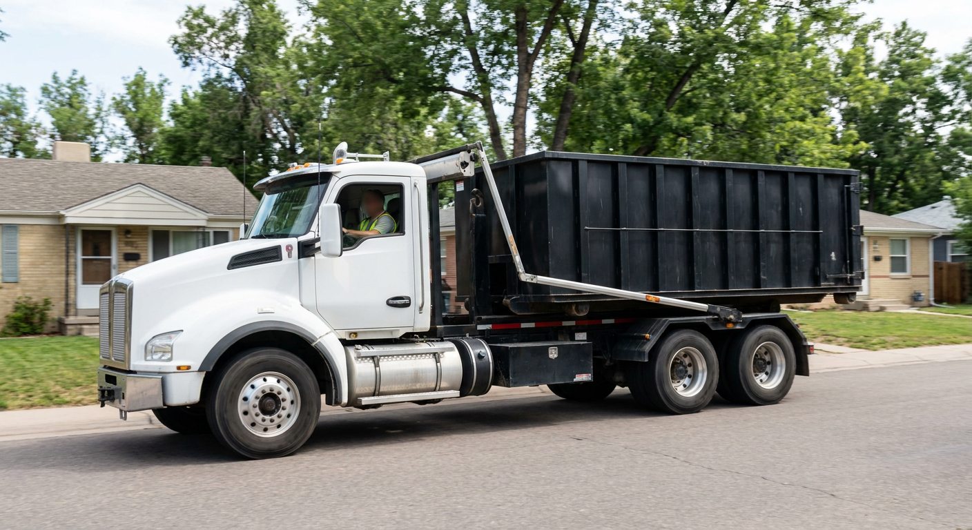 A wide documentary shot of a matte-black roll-off delivery truck pulling onto a quiet Aurora residential street at mid-morning, with neighborhood rooftops and tree-lined blocks visible behind, showing the metro coverage footprint.