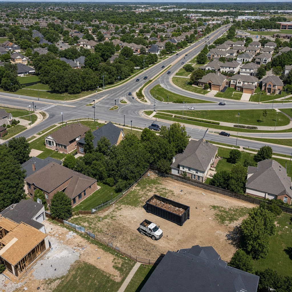 An overhead documentary view of the Aurora metro area at midday, showing the spread of neighborhoods, arterial roads, and the dispatch radius from a central yard — clean daylight, organized geographic layout.