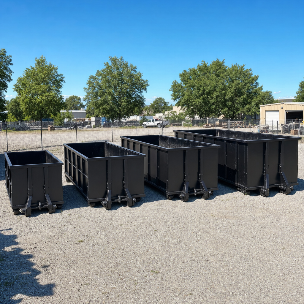 A clean lineup of matte-black roll-off dumpsters in 10, 20, 30, and 40-yard sizes staged on a sunlit gravel yard in Aurora, showing the size progression from compact to commercial-scale containers.