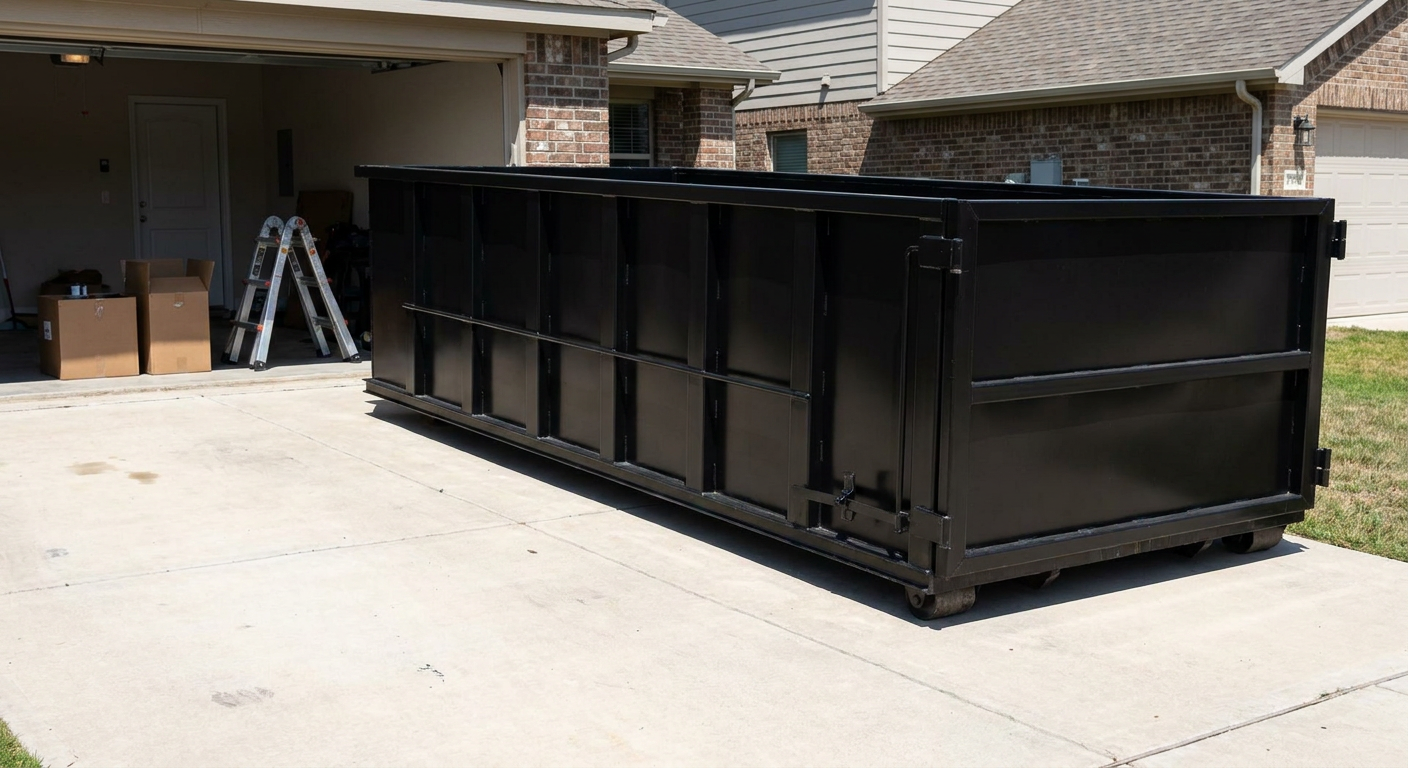 A matte-black 10-yard roll-off dumpster sitting directly on a residential Aurora concrete driveway, mid-day sunlight, clean and ready for a garage cleanout.