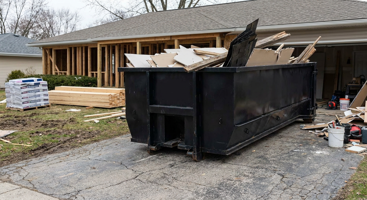 A matte-black 20-yard roll-off dumpster placed alongside a mid-renovation Aurora home directly on the asphalt driveway, with framing materials and torn-off shingles staged neatly nearby.