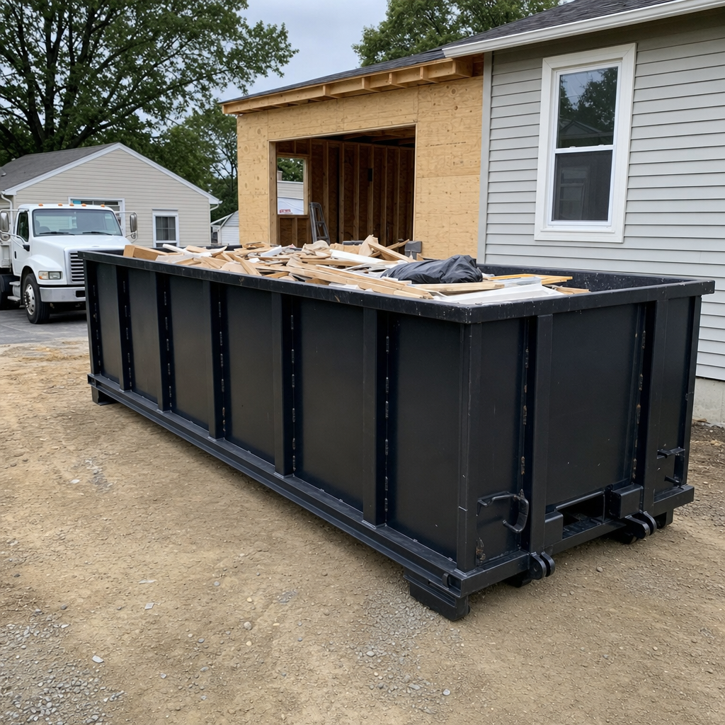 A matte-black 30-yard roll-off dumpster positioned at a Aurora residential addition jobsite, with framing lumber and drywall scraps loaded through the open swinging rear doors.
