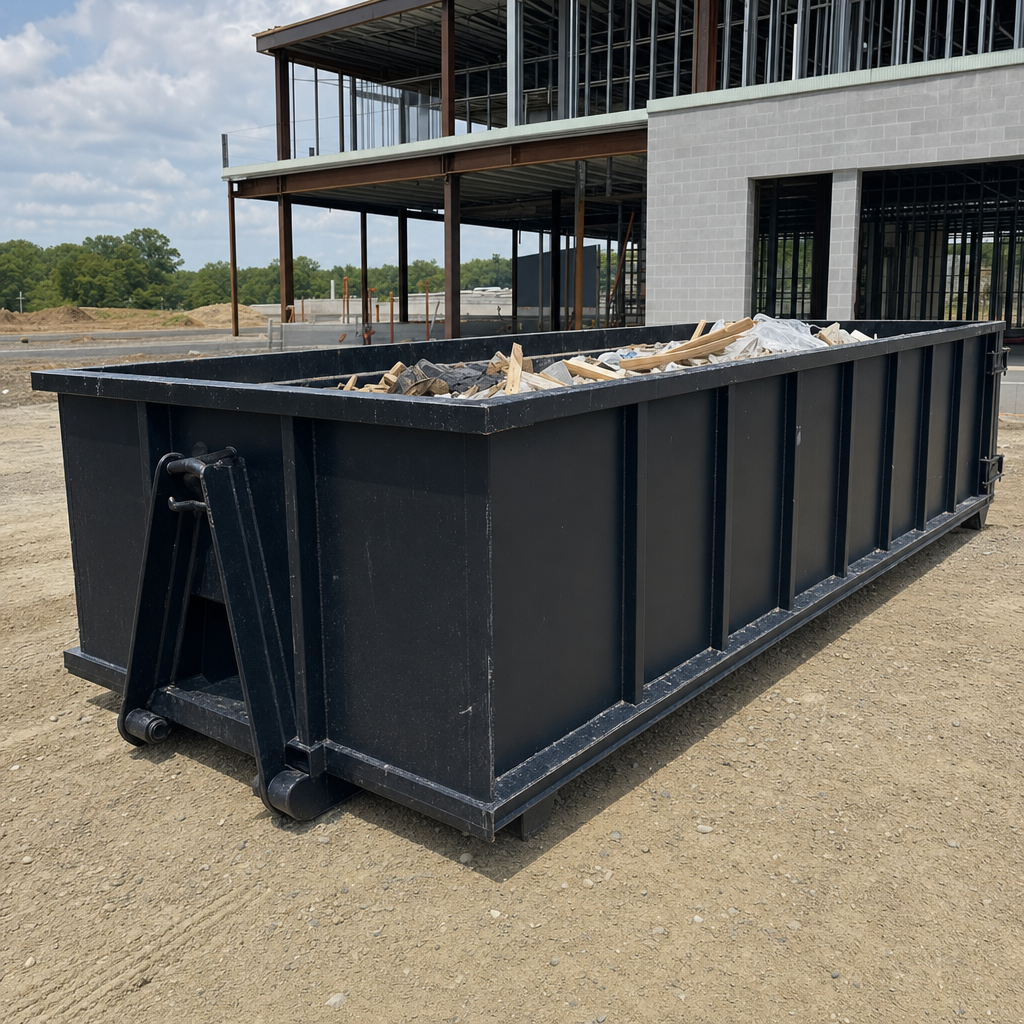 A matte-black 40-yard roll-off dumpster staged on a large Aurora commercial construction lot, with a hooklift delivery truck parked alongside under bright midday sky.