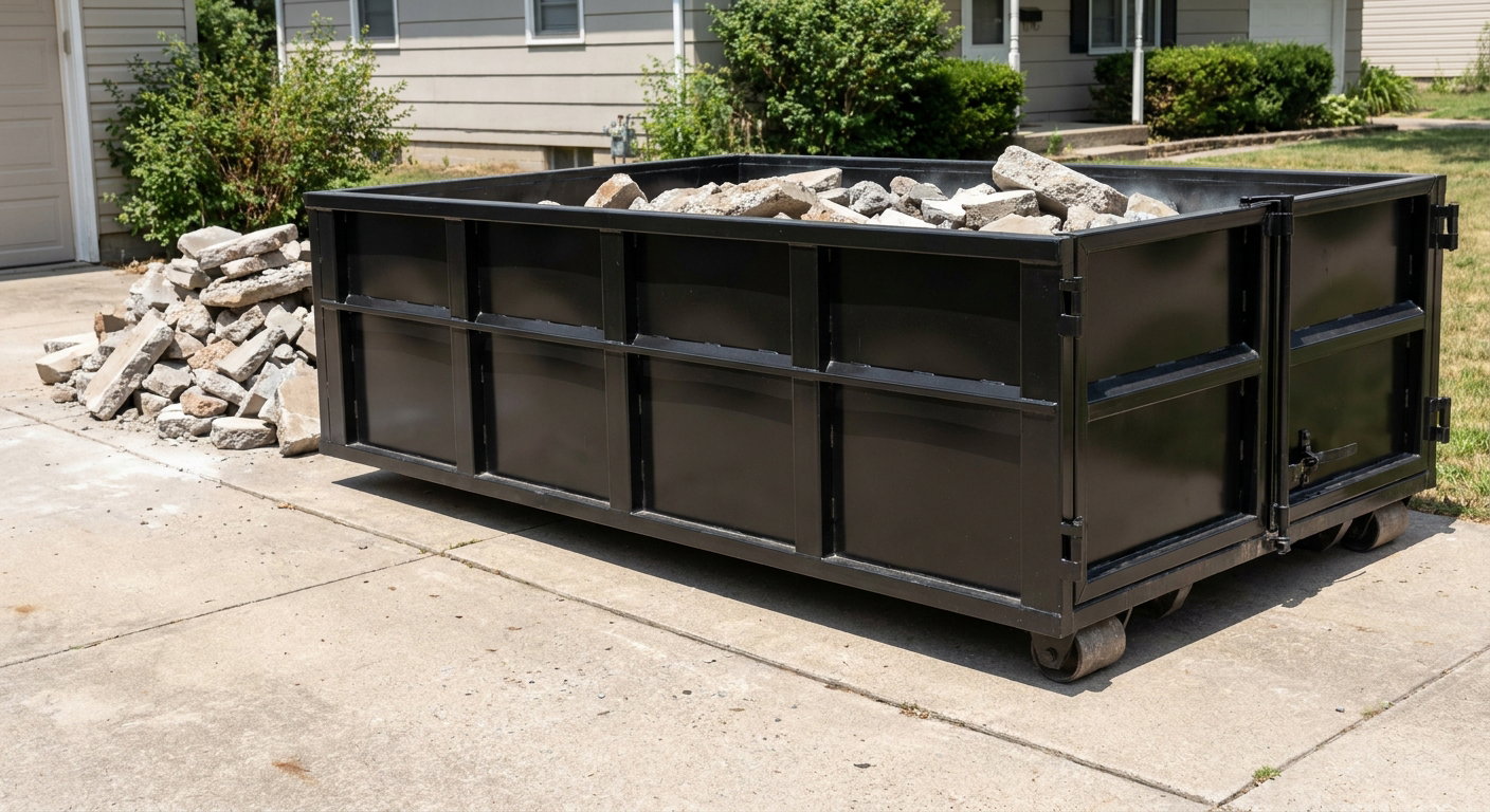A matte-black low-side heavy-debris roll-off dumpster placed directly on a Aurora concrete driveway, with broken concrete chunks neatly stacked beside it under clean daylight.
